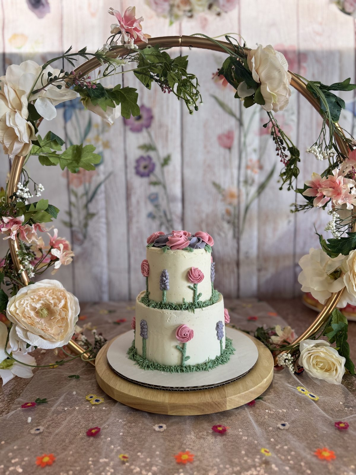 Elegant two-tier floral wedding cake made by Bipity Bopity Cakes, Lodi CA bakery