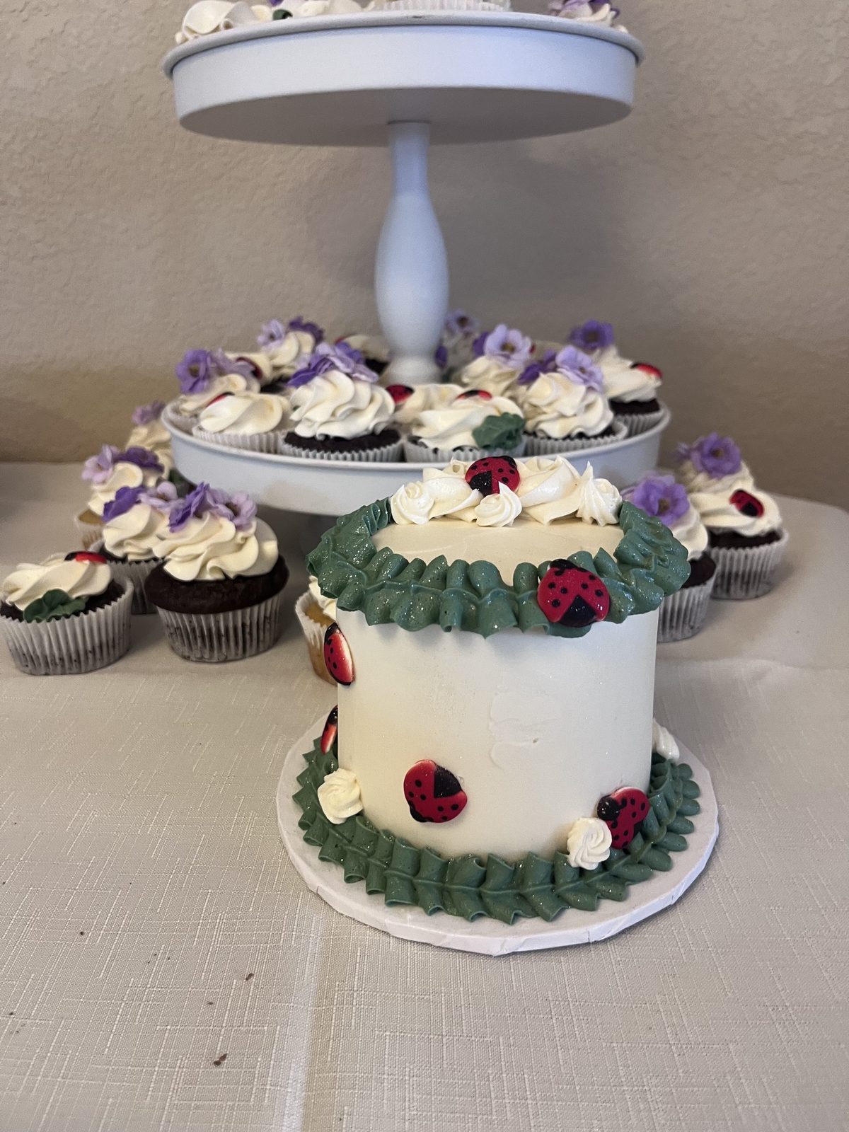 Ladybug and floral-themed cake with matching cupcakes made by Bipity Bopity Cakes, Lodi CA bakery