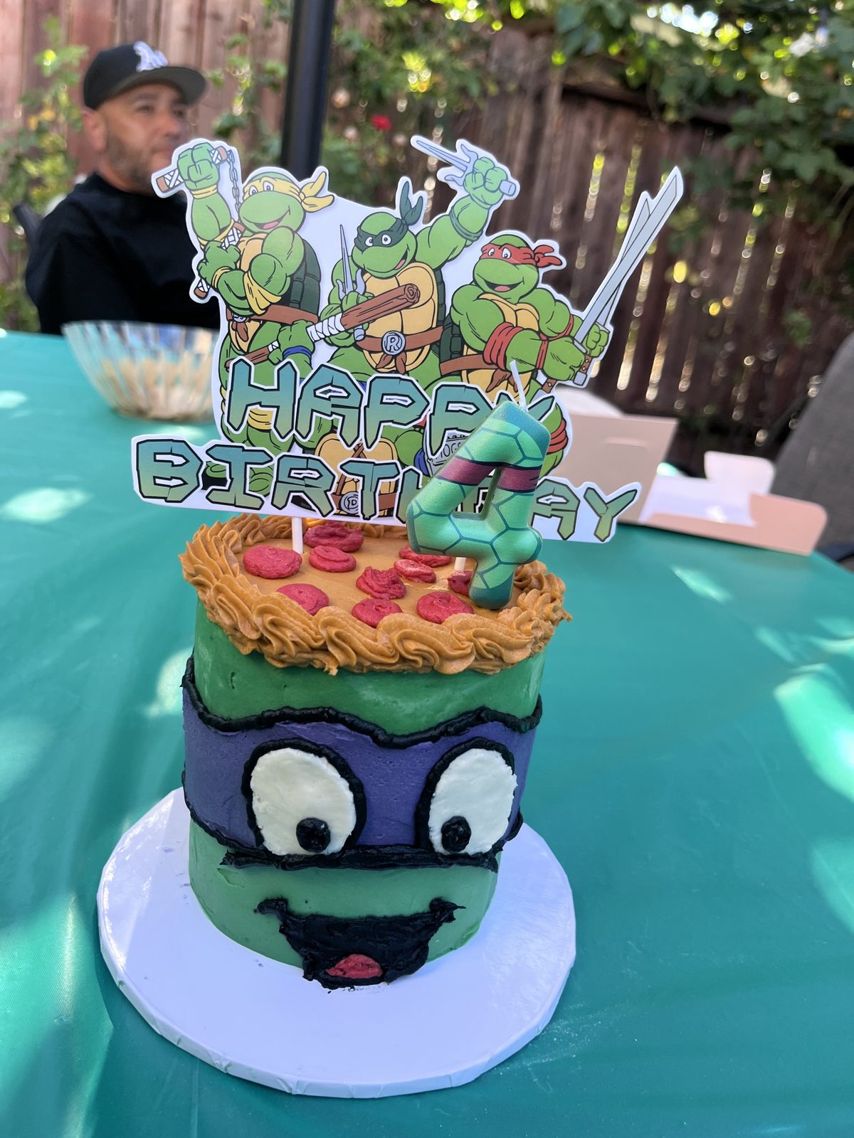 Novelty birthday cake with ninja turtle-inspired decorations made by Bipity Bopity Cakes, Lodi CA bakery