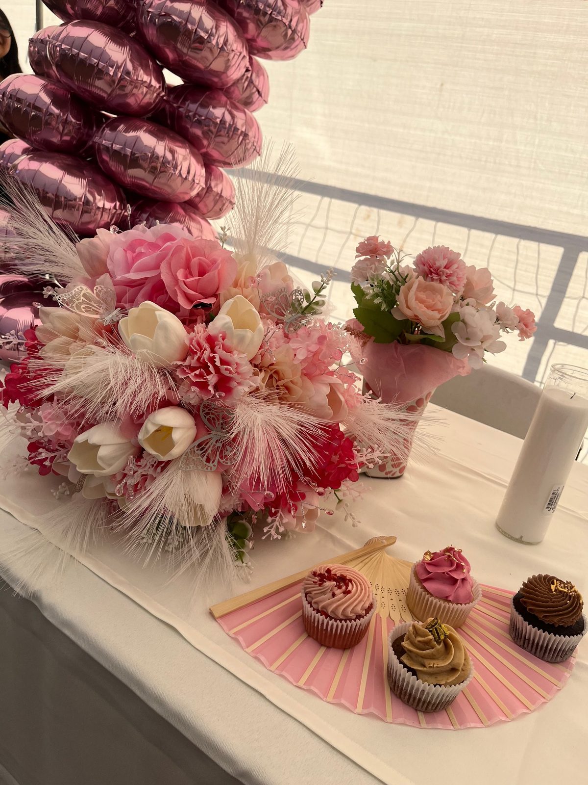 Rose and gold-leaf decorated cupcakes with fresh florals made by Bipity Bopity Cakes, Lodi CA bakery