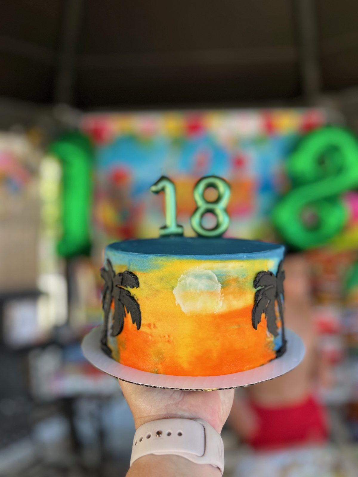 Tropical sunset-themed 18th birthday cake made by Bipity Bopity Cakes, Lodi CA bakery