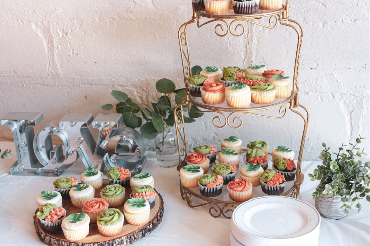 Cupcake display with LOVE marquee sign for a wedding or engagement celebration by Bipity Bopity Cakes, Lodi CA bakery